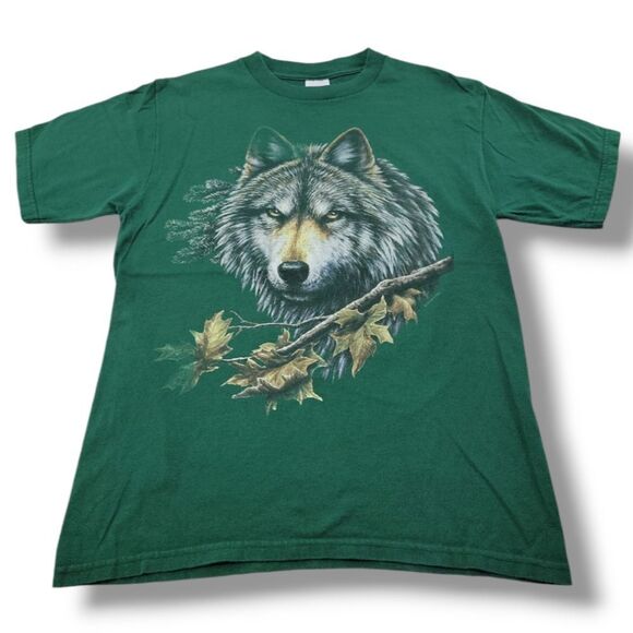 90s Vintage Anvil Shirt Size Medium Nature Tee Wolf Graphic Print T-Shirt Green - Picture 1 of 6